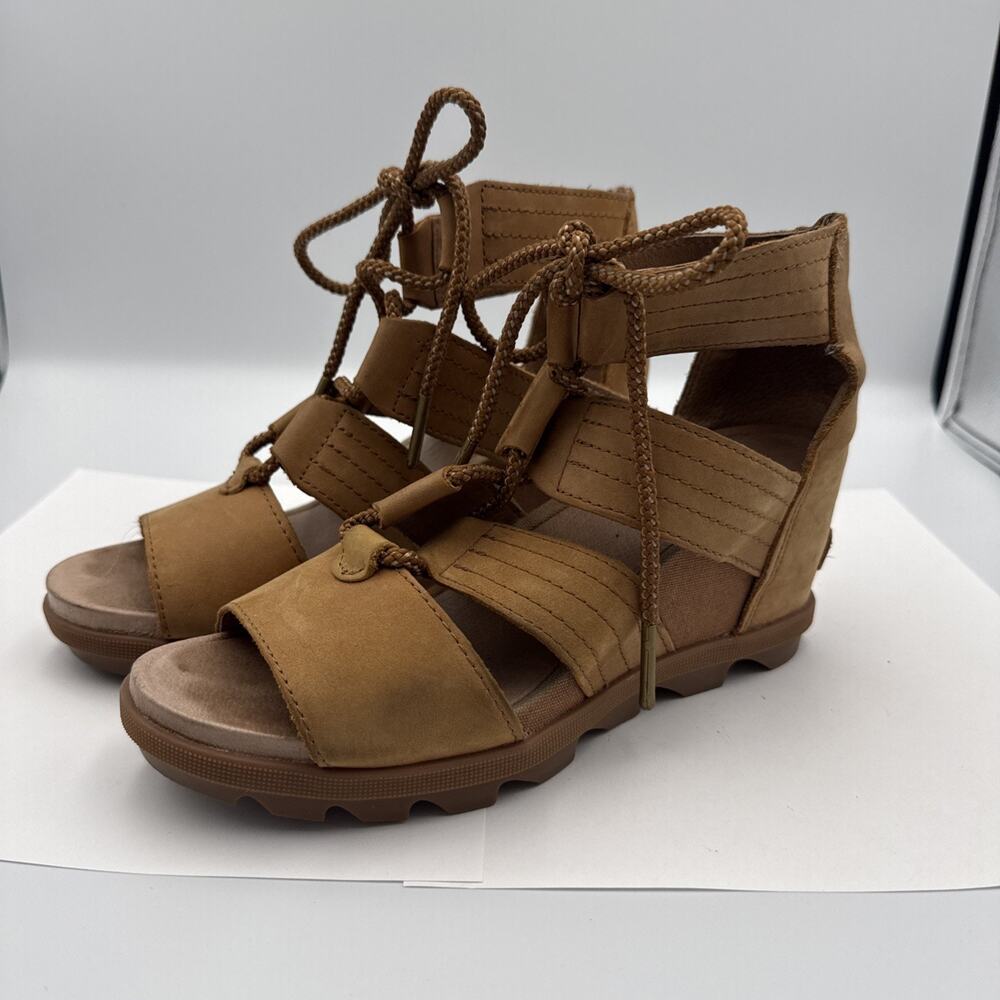 SOREL JOANIE II TAN Leather BROWN LACE WEDGE SANDALS Sz 8 #43